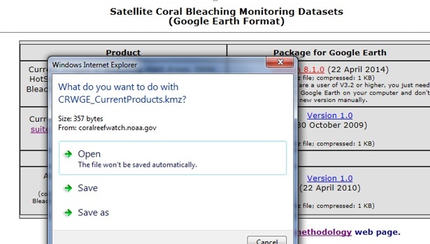 Screen capture showing how to download a dataset for Google Earth